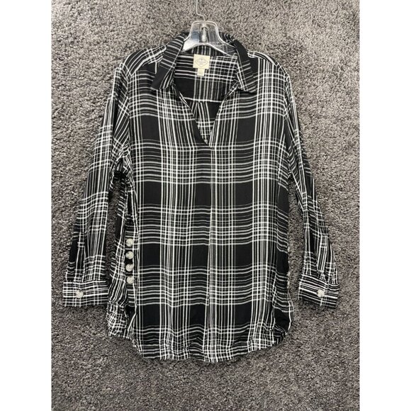 St John's Bay Popover Shirt Women Large Black White Windowpane Check Side Button - Picture 1 of 16